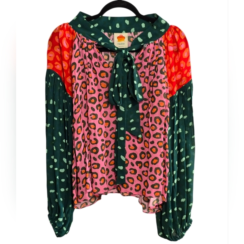FARM Rio Multicolor Cheetah Print Blouse Top Lightweight Flowy Size XS PTP 23" - Picture 2 of 5